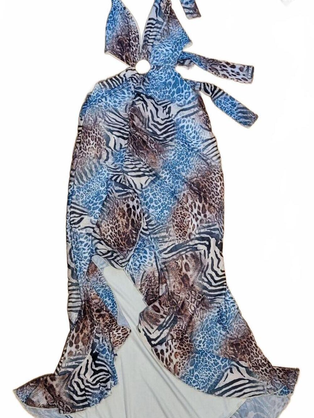SHEIN Animal Print Halter Cutout Maxi Dress Women's Small Blue Brown Wrap Beach